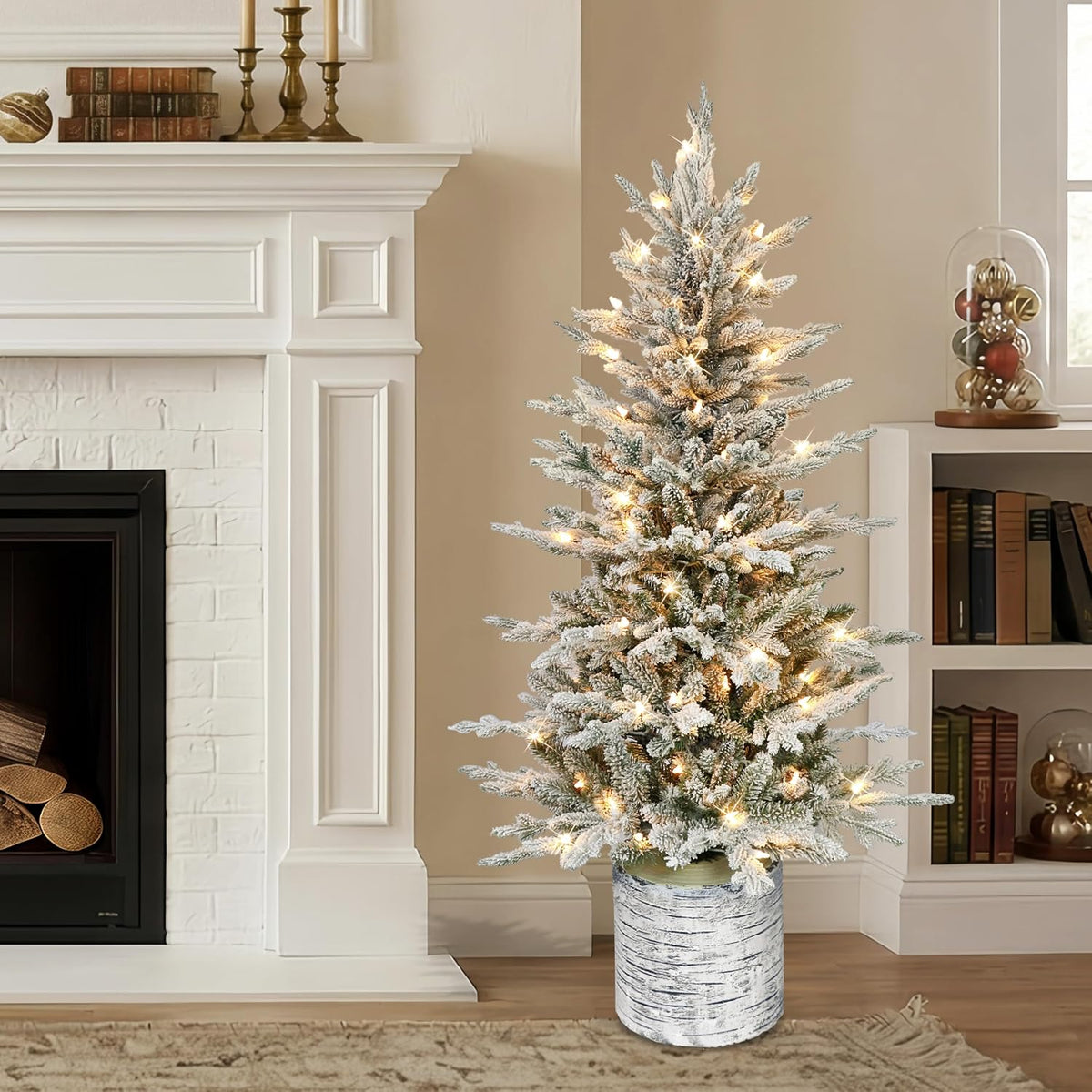 Puleo International 4.5ft Pre-Lit Potted Flocked Arctic Fir Christmas Tree