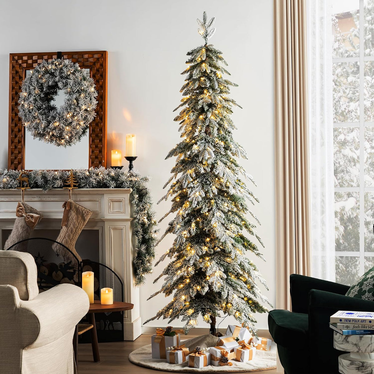 Glitzhome 7.5ft Prelit Christmas Tree, Artificial Christmas Tree with 350 Warm White Lights, Flocked Pencil Christmas Trees Chicago Frostwood Spruce with 1,211 PE&PVC Branch Tips,Sturdy Metal Stand