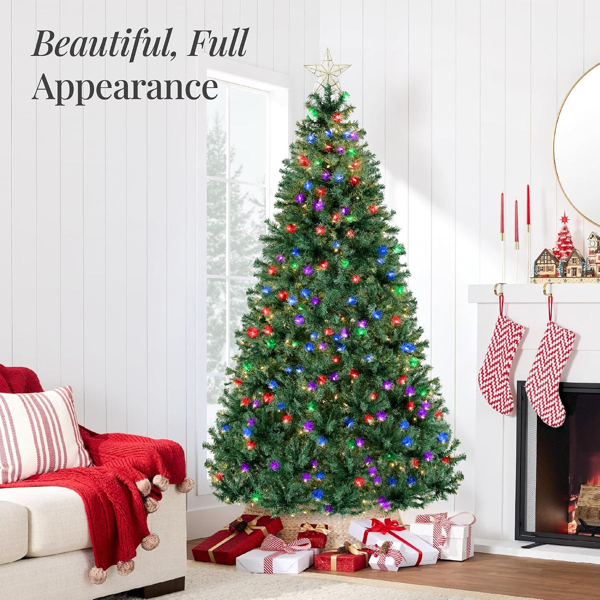 Best Choice Products 6Ft Pre-Lit Christmas Tree w/Twinkling LEDs, Premium Green Artificial Pine Lighted Holiday Decoration w/ 250 Lights, 1000 Branch Tips, Metal Base - Multi-Color Lights