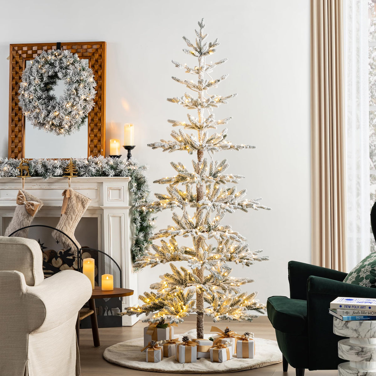 Glitzhome 7.5ft Prelit Christmas Tree, Artificial Christmas Tree with 350 Warm White Lights, Flocked Pencil Christmas Trees Chicago Frostwood Spruce with 1,211 PE&PVC Branch Tips,Sturdy Metal Stand