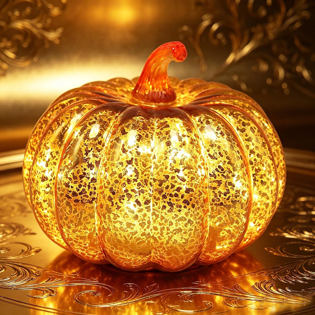 Fall Decorations for Home,Mercury Glass Pumpkin Lights with Timer(Gold)