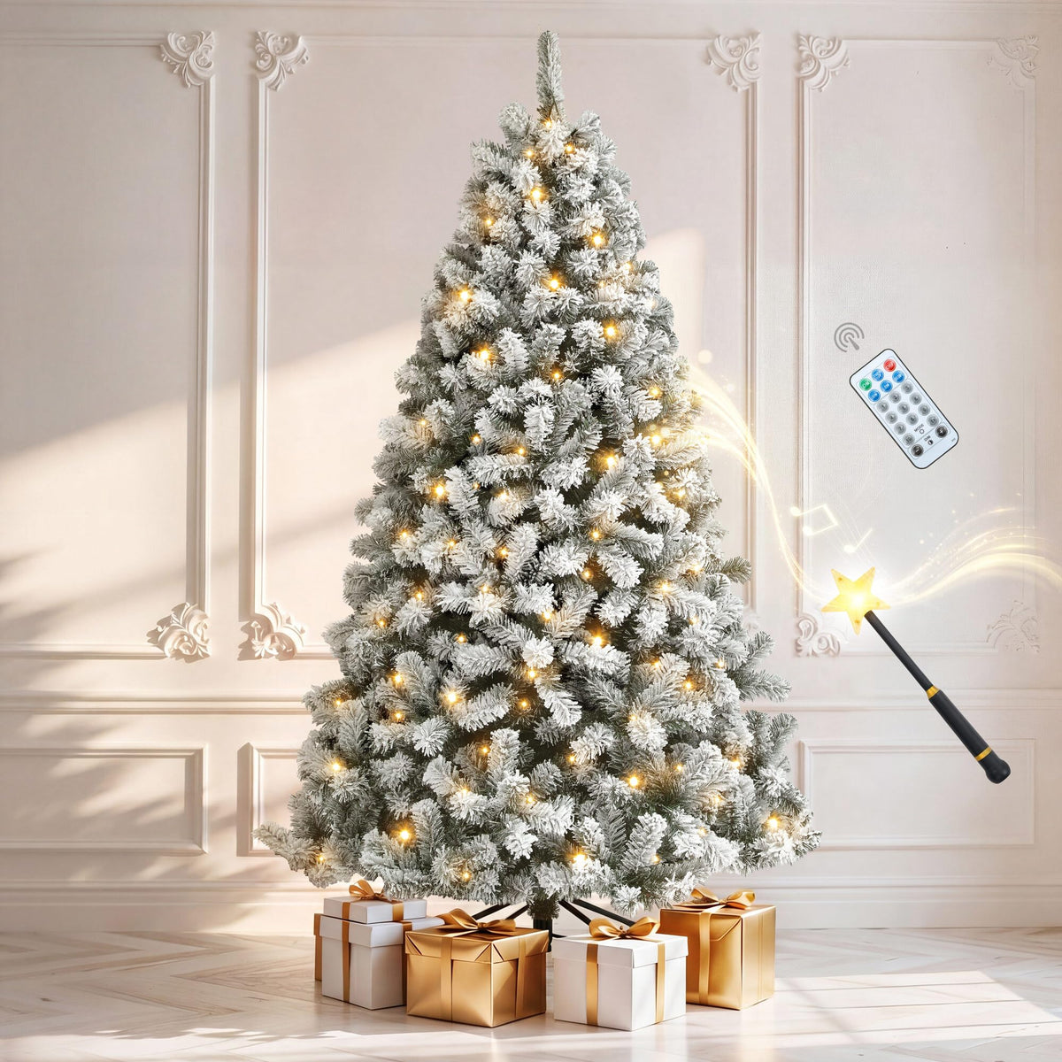 DWVO 6ft Prelit Flocked Aspen Fir Christmas Tree with Bulbs and Lights, Full Artificial Xmas Tree with 1336 Metal Hinged PE & PVC Flame Resistant Branches, 46 Bulbs and 270 Lights Remote Controlled