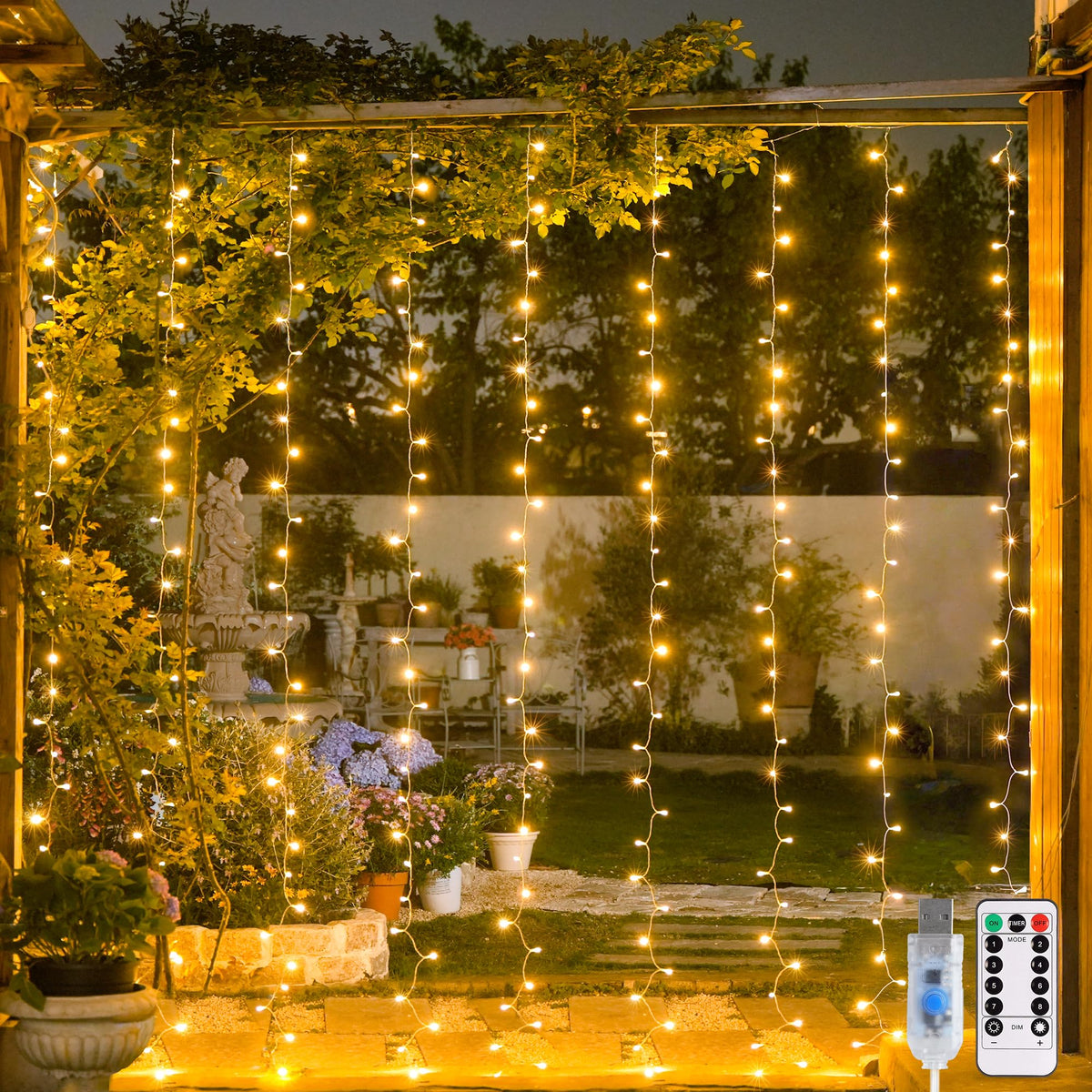 JMEXSUSS 300 LED Remote Control Curtain Lights, Plug in Fairy Curtain Lights Outdoor, Window Wall Hanging String Lights for Bedroom Indoor Dorm Backdrop Wedding Party Patio Christmas Decor, Warm White