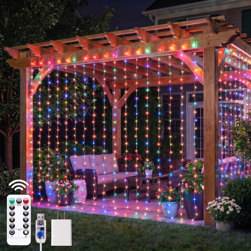 Brightown 300 LED Curtain Lights, 9.8 FT Plug in Fairy Lights for Bedroom, 8 Lighting Modes, Christmas String Lights for Window Wall Wedding Party Birthday Christmas Decorations, Warm White
