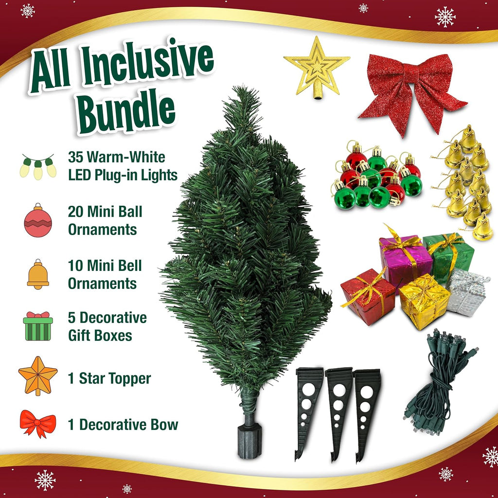 Small Christmas Tree with Lights - 23 Inch Mini Tabletop Christmas Tree with Warm-White LED Lights, Hanging Ornaments, Decorative Bow and Gift Boxes - Prelit Table Tree for DIY Christmas Decoration