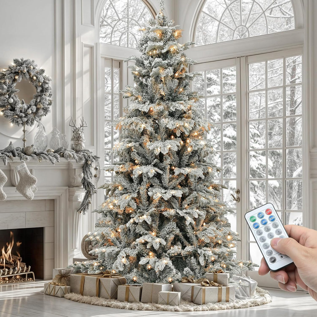 YITAHOME 7.5ft Prelit Natural Layered Flocked Christmas Tree with Remote
