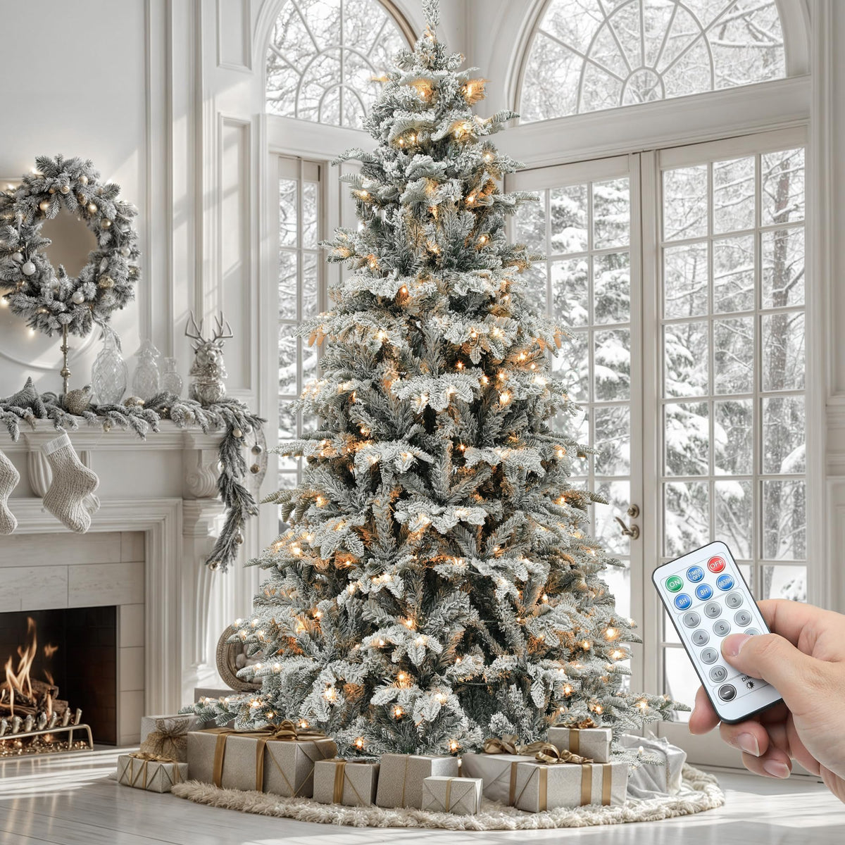 YITAHOME 7.5ft Prelit Natural Layered Flocked Christmas Tree with Remote