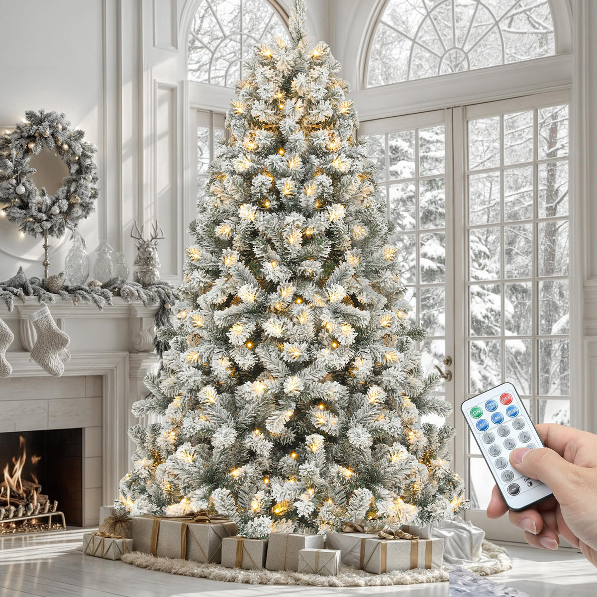 YITAHOME Pre-Lit Green Artificial Hinged Christmas Tree with Remote Control, 6ft Prelighted Spruce Xmas Tree for Home, Office, Party Decoration with 1000 Branch Tips and 250 Lights, Green