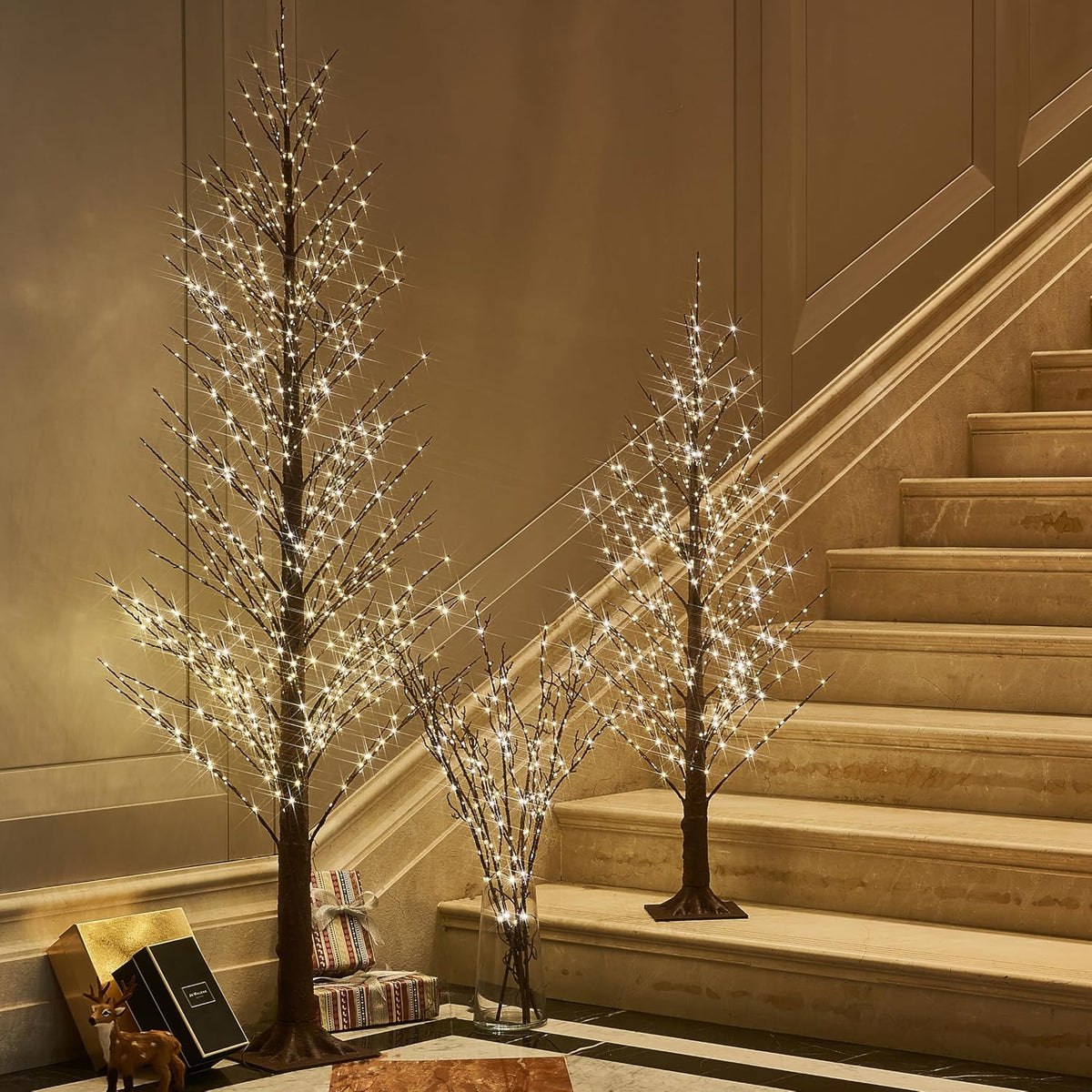 BAOLITVINE Lighted Branches Brown 32IN 200 Warm White Fairy Lights, Lighted Willow Branches with Timer, Dimmer for Home Bedroom Fireplace Christmas Decoration Inside Outdoor