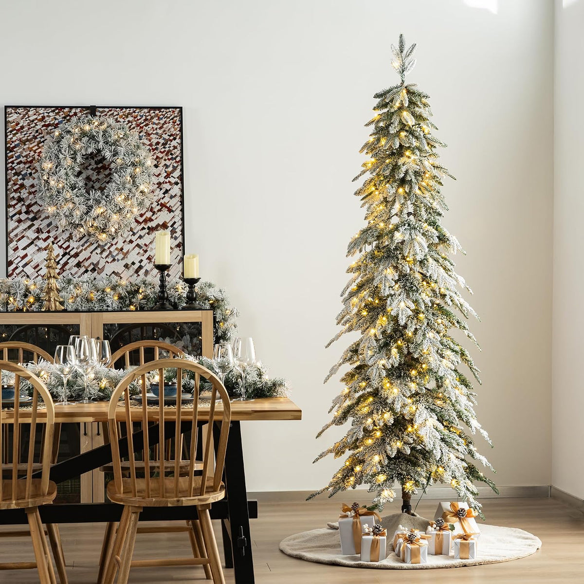 Glitzhome 7.5ft Prelit Christmas Tree, Artificial Christmas Tree with 350 Warm White Lights, Flocked Pencil Christmas Trees Chicago Frostwood Spruce with 1,211 PE&PVC Branch Tips,Sturdy Metal Stand