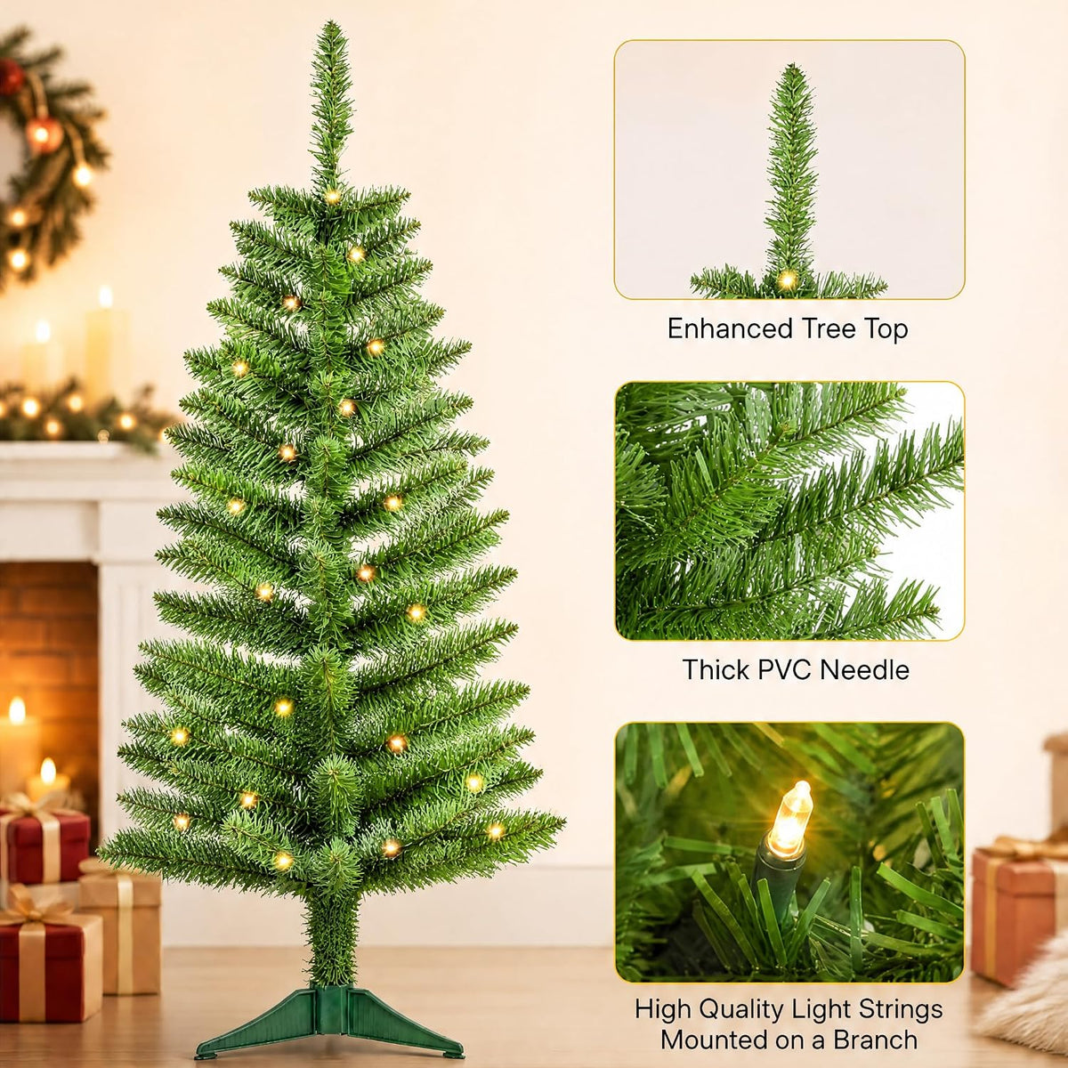 4ft Green Christmas Tree with Light，Small Artificial Xmas Tree