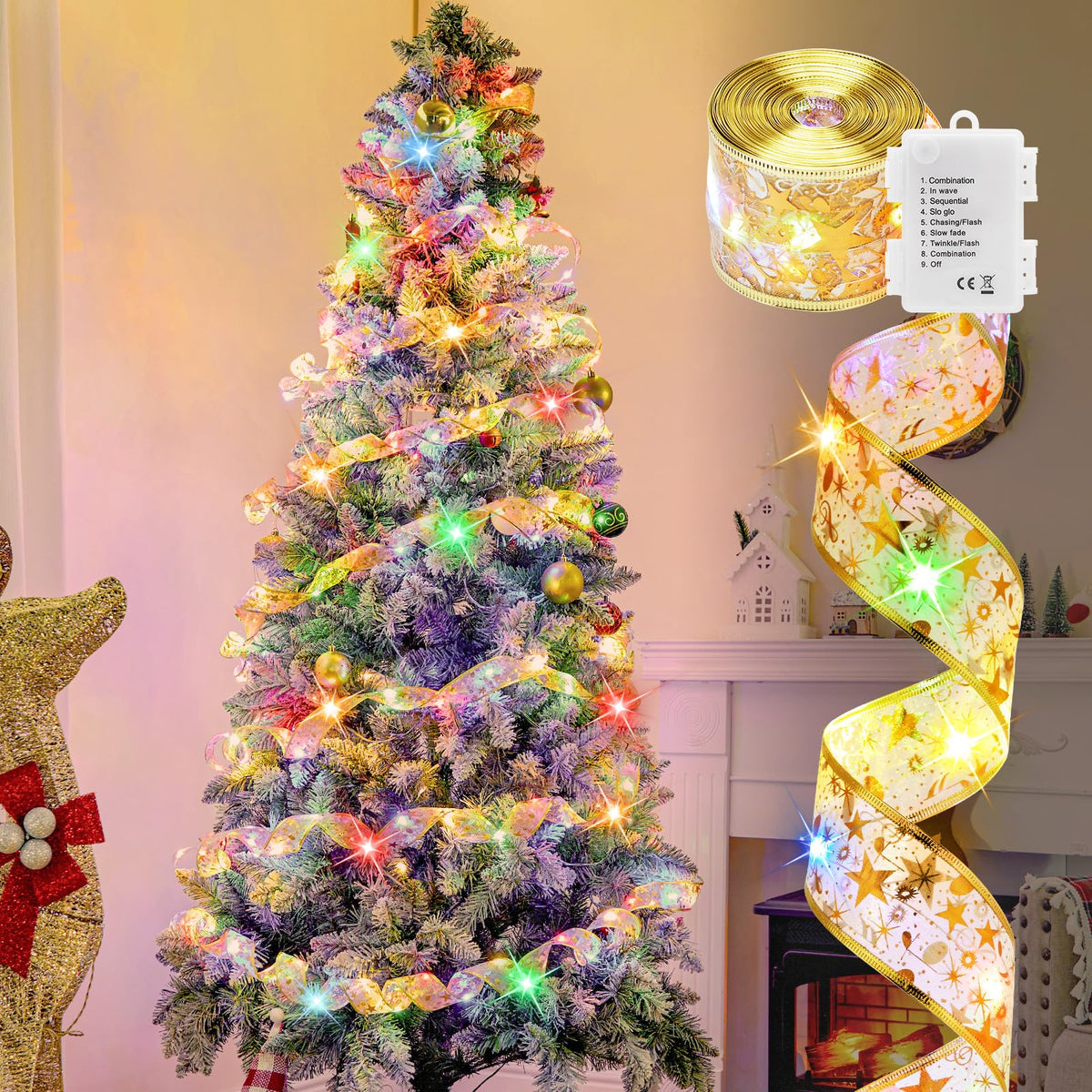 2 Pack Christmas Tree Ribbon String Lights - 33ft 100 LED Battery Powered Fairy Lights with Timer and 8 Lighting Modes, Christmas Ribbon Bows Lights for 6ft - 8ft Christmas Tree New Year Decor, Gold