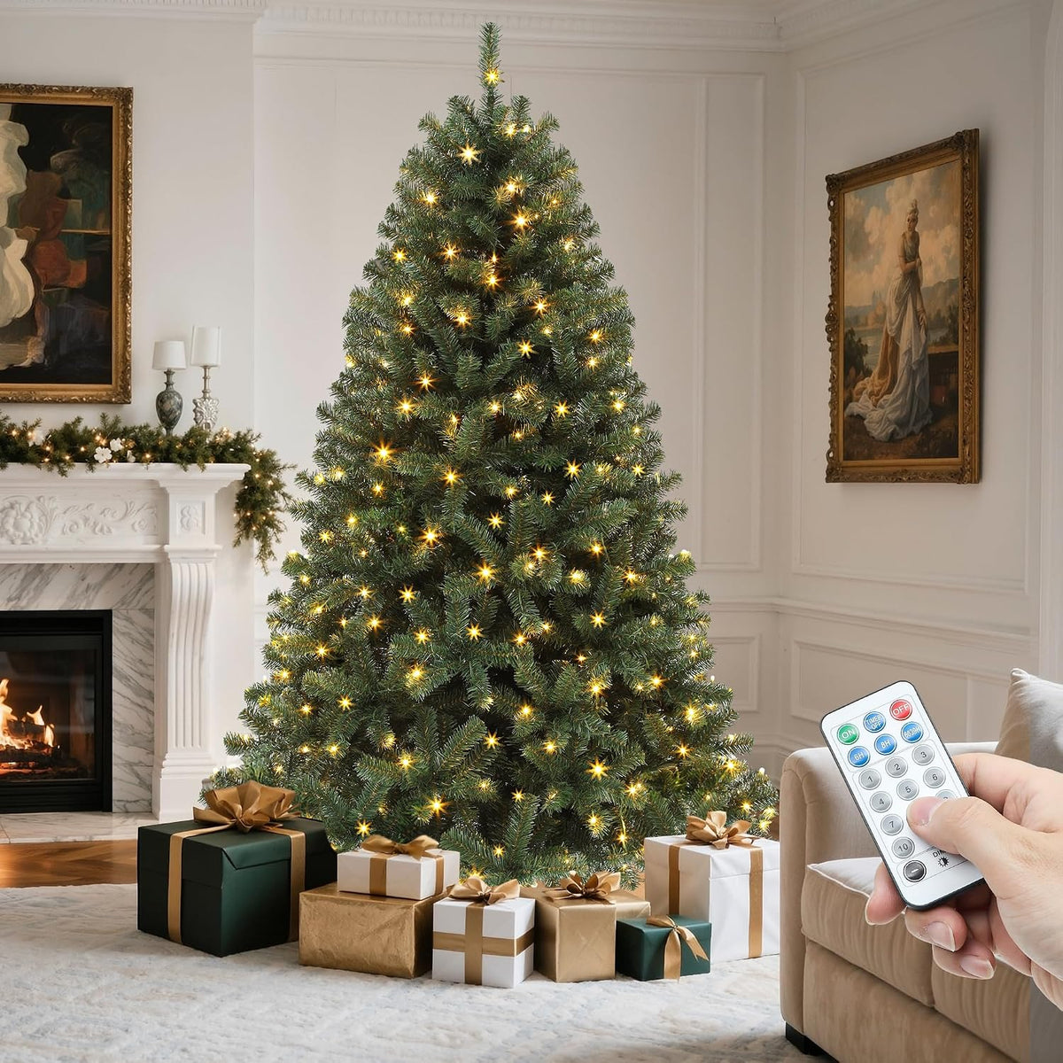 YITAHOME Pre-Lit Green Artificial Hinged Christmas Tree with Remote Control, 6ft Prelighted Spruce Xmas Tree for Home, Office, Party Decoration with 1000 Branch Tips and 250 Lights, Green