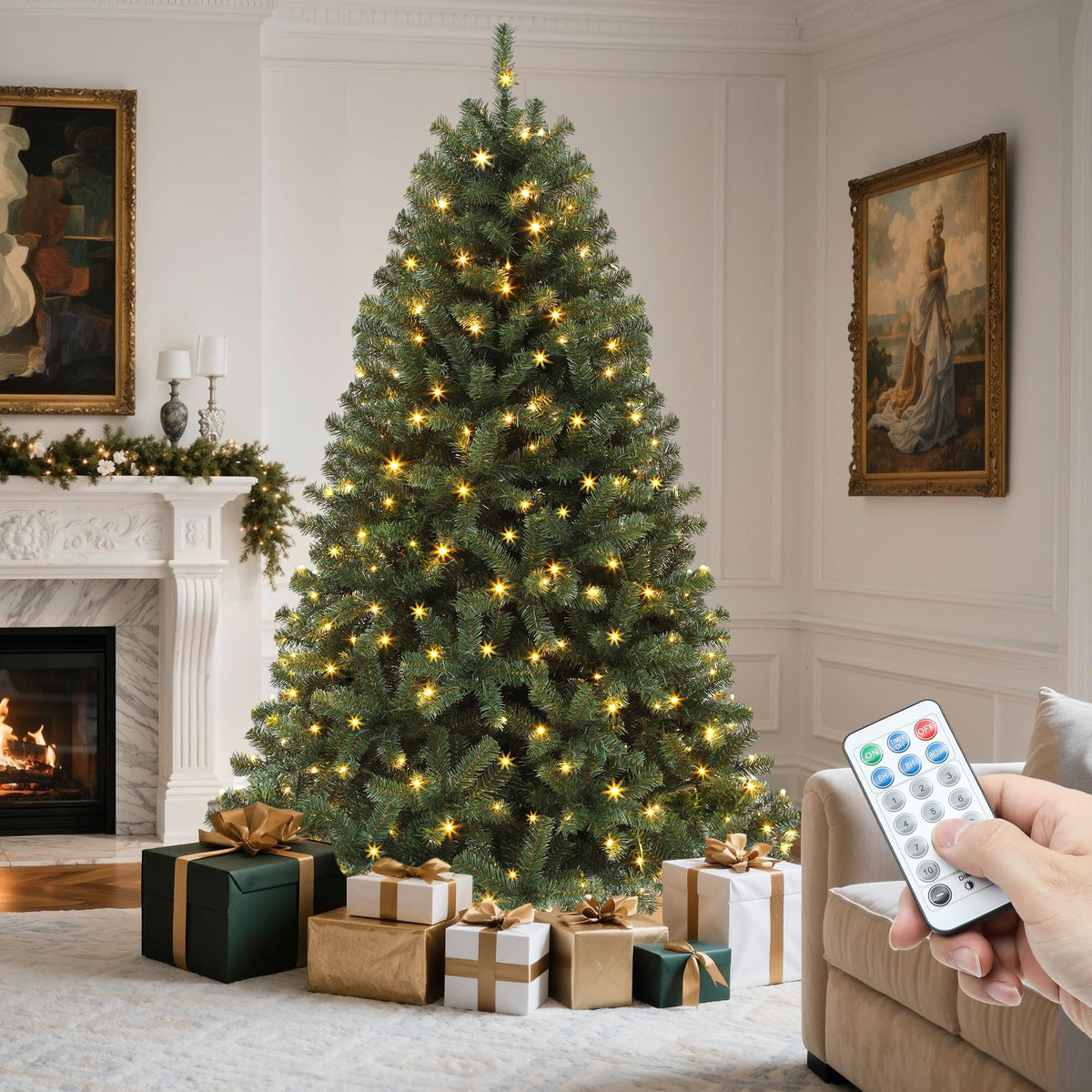 YITAHOME Pre-Lit Green Artificial Hinged Christmas Tree with Remote Control, 6ft Prelighted Spruce Xmas Tree for Home, Office, Party Decoration with 1000 Branch Tips and 250 Lights, Green