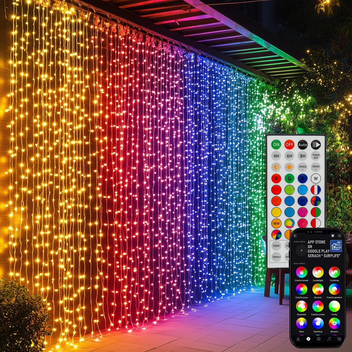 Dazzle Bright 300 LED Christmas Curtain String Lights, Halloween Fairy Lights for Bedroom with 8 Lighting Modes, Waterproof Window Light Party Wedding Garden Wall Decor, Purple